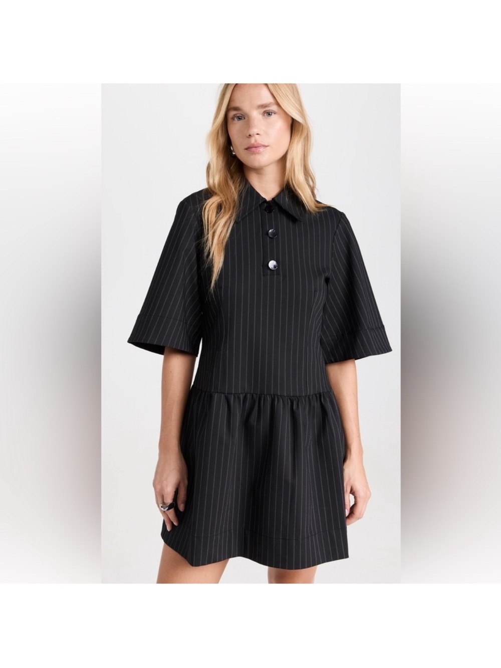 Ganni Black Pinstripe Short Sleeve Drop-Waist Dress